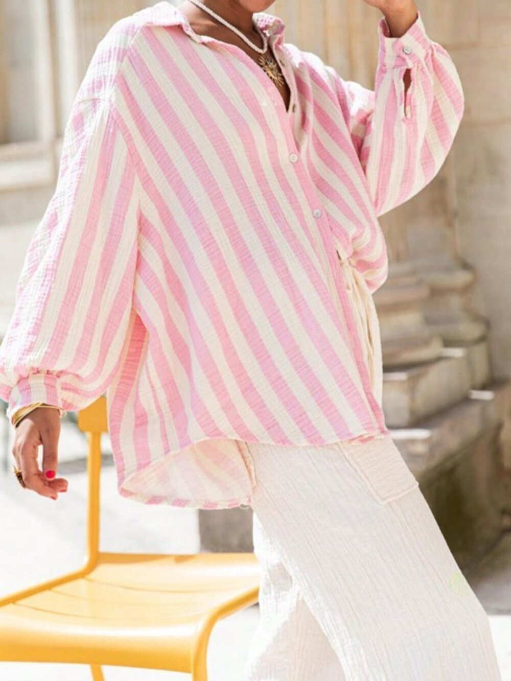 Pink Casual Women's Loose Fit Striped Button Down Top